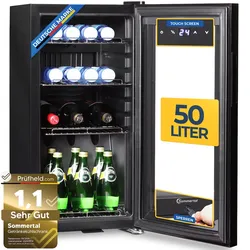 Sommertal Kühlschrank GK 50– Leiser Getränkekühlschrank mit LED, Touchscreen & Schloss kleiner Flaschenkühlschrank schwarz 50L