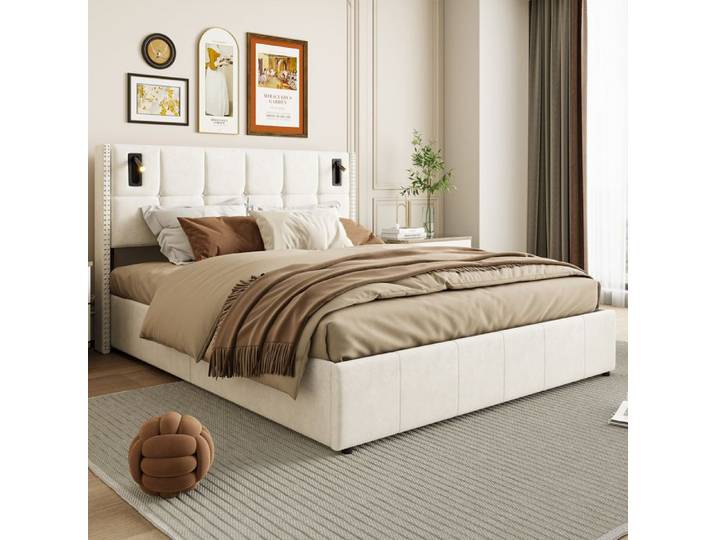 Lit coffre 140x200cm - COMANLAI - Beige - Lampe de lecture - Ports USB - Design contemporain