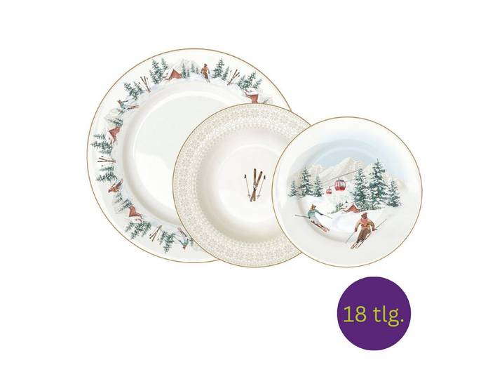 EasyLife Tafelservice Chalet, Porzellan, Komplettset, Weiß, Wintersport, Skifahren, Schnee, H: 2.5cm