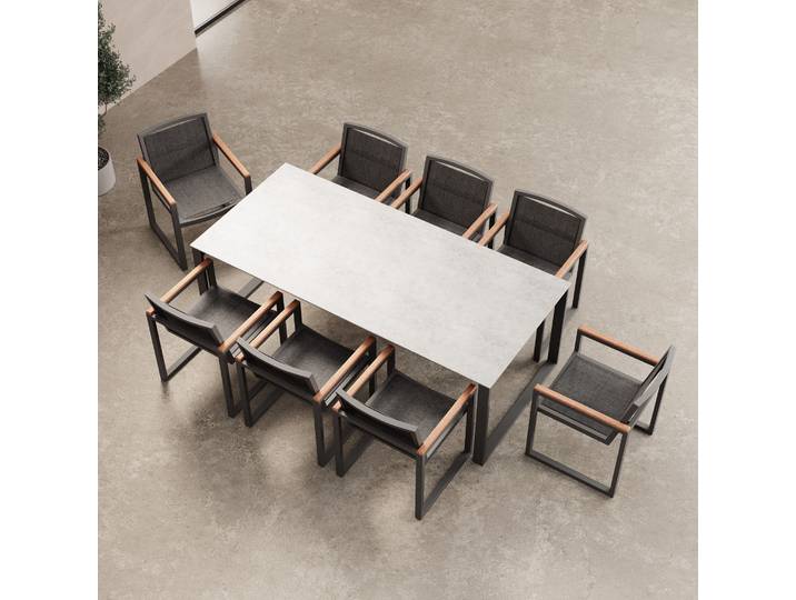 Vayla Dining – Esstisch-Set mit 8 Sesseln & Tisch in Betonoptik Aevora™ Kollektion - Schwarz - Luxusbetten24