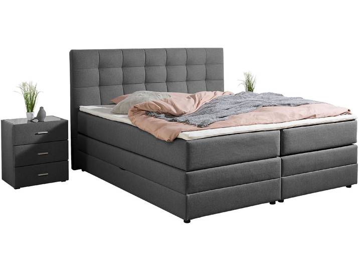 Boxspringbett, Bonellfederkern, Anthrazit, 200×200 cm, Mit Bettkasten & Topper, Modern, Places of Style