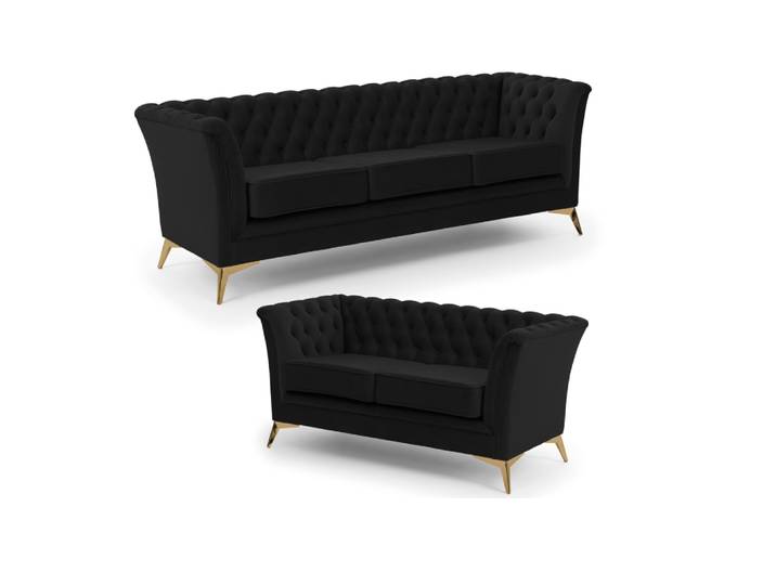 Ensemble de canapé Chesterfield 3+2 en velours noir