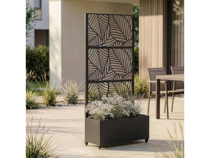 casa.pro Blumenkasten mit Sichtschutz Surnskoki Pflanzkübel mit Rankgitter Metall Pflanzkasten Balkon 190 hoch Outdoor Trennwand mit Rollen Garten 190 x 82 x 38 cm Schwarz