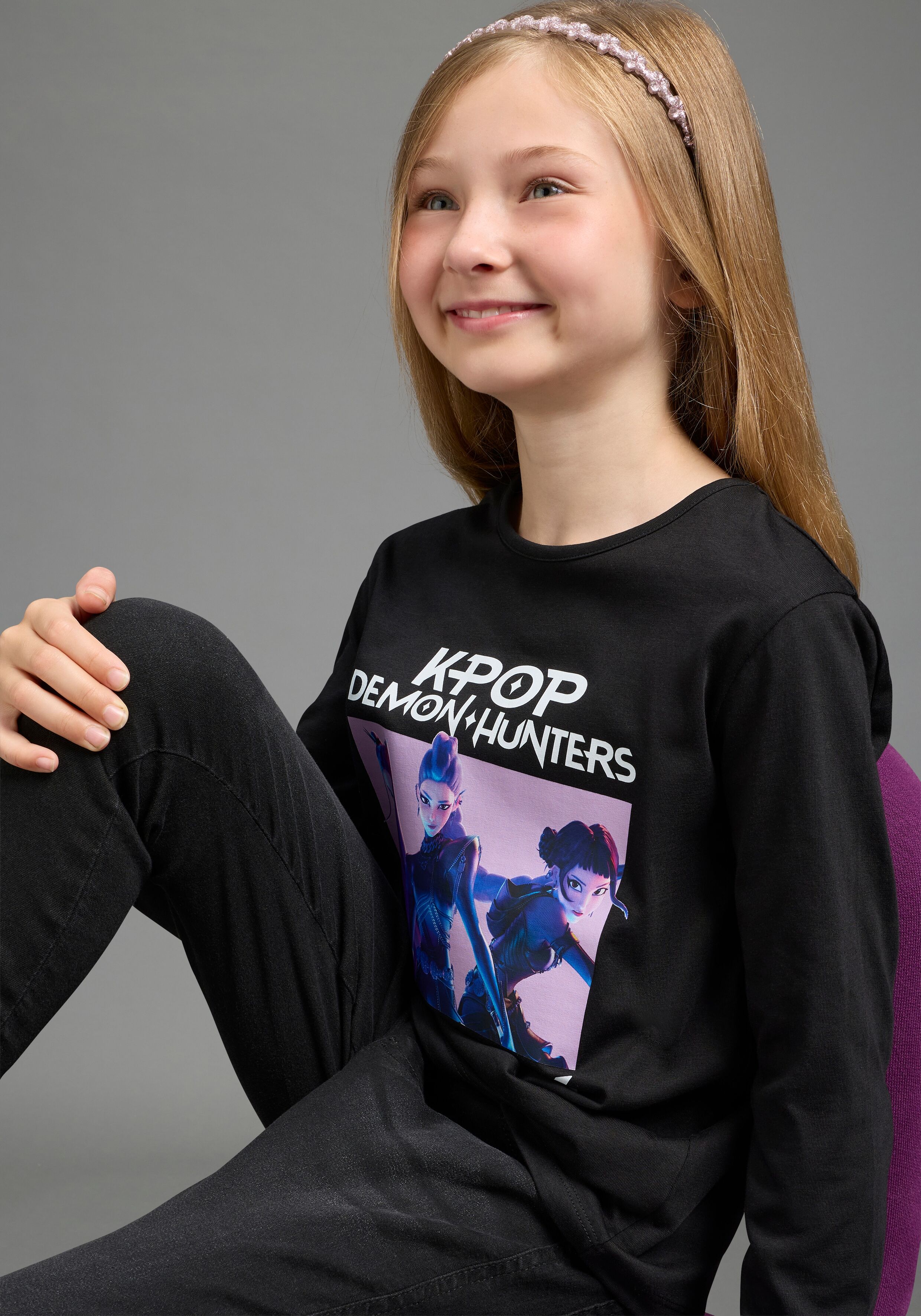 Langarmshirt KIDSWORLD "K-POP DEMON HUNTERS Shirt", Mädchen, Gr. 152/158, schwarz, Single Jersey, Obermaterial: 100% Baumwolle, bedruckt, Basic hüftlang, Rundhals, Shirts Langarmshirt, K-Pop Shirt, hüftlang, mit Rundhalsausschnitt, Basic Passform schwarz 