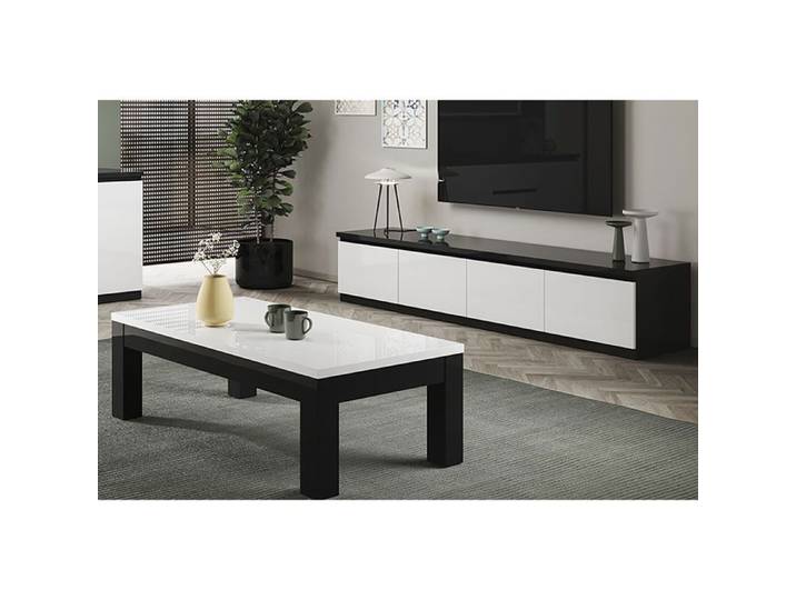 DEYTON - Ensemble Salon Laqué Noir et Blanc Meuble TV 4 Portes + Table Basse 127cm
