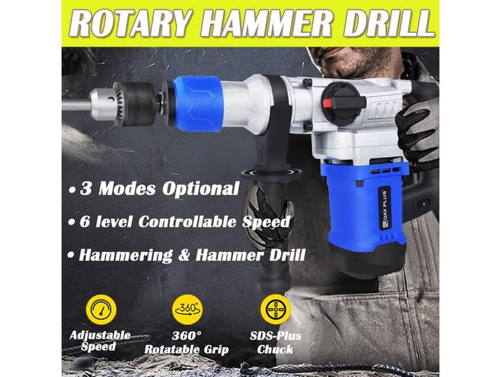 Marteau perforateur SDS-Plus, marteau rotatif 1500W, marteau de démolition, poignée anti-vibration, 3 fonctions, marteau combiné, marteau électrique robuste, contrôle des vibrations, coque en alliage