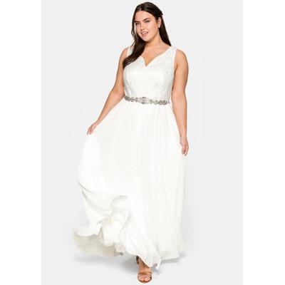 Abendkleid SHEEGO "Abendkleid", Damen, Gr. 50, Normalgrößen, weiß (sanftes weiß), 100% Polyester, Unterrock:55% Baumwolle, 45% Polyester, unifarben, lang, herzförmiger Ausschnitt, Kleider Abendkleid
