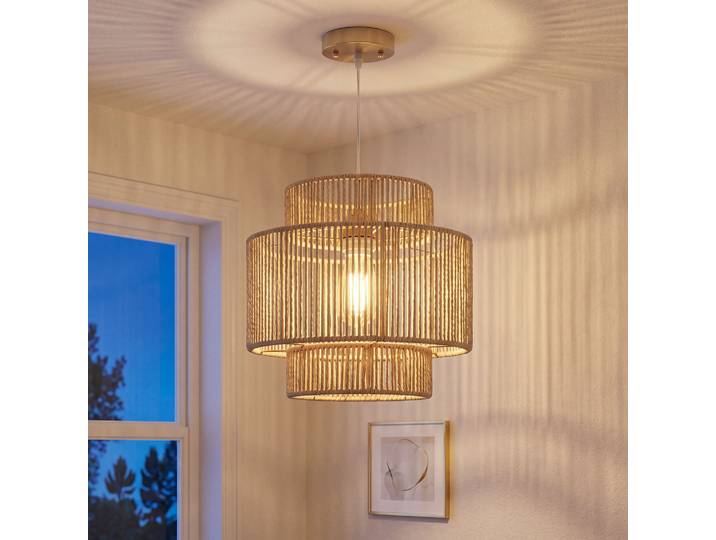 HOMCOM Lampe Suspendue Métal Corde Chanvre 3 Niveaux Brun Clair