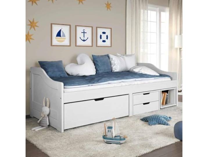APXESS Tagesbett mit 3 Schubladen, Kiefer Massivholz, 90x200cm, Weiß Vielseitiges Gästebett, Stauraum-Funktion, Rustikales Design