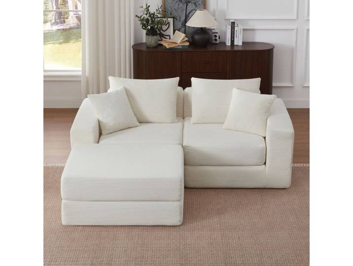 ELVORIN Canapé modulable convertible 3 places 259 5 x 96 x 80 cm velours côtelé blanc pouf inclus base antidérapante