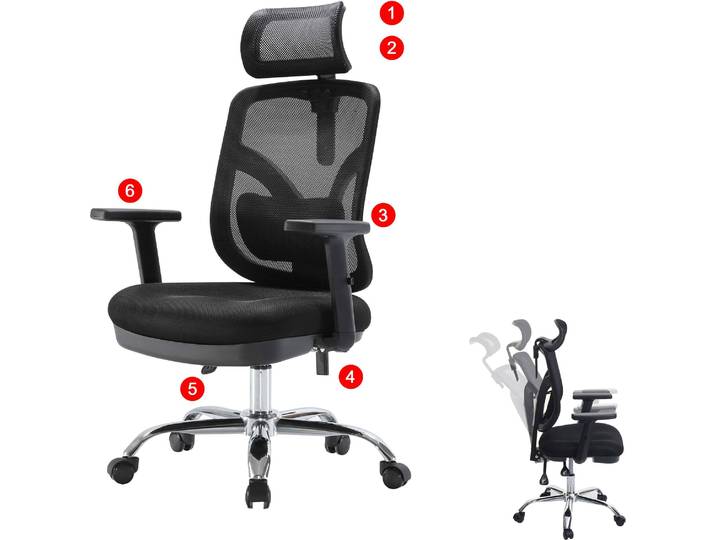 Bürostuhl HWC-J92, Schreibtischstuhl, ergonomisch, verstellbare Lordosenstütze und Armlehne schwarz