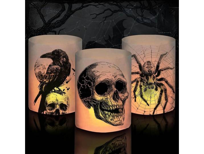 Windlicht 12-teiliges Set Halloween Gruselig Totenkopf Krähe Spinne, Mehrfarbig, Papier, 5x15x10 cm, Dekoration, Laternen & Windlichter, Windlichter