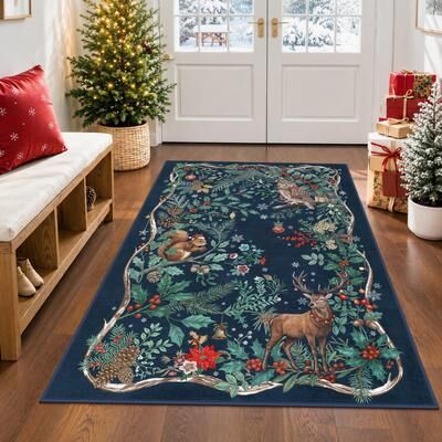BLUEBELL Washable Christmas Woodland Animal Area Rug & Runner, Non-Slip Low-Pile Holiday Floor Mat