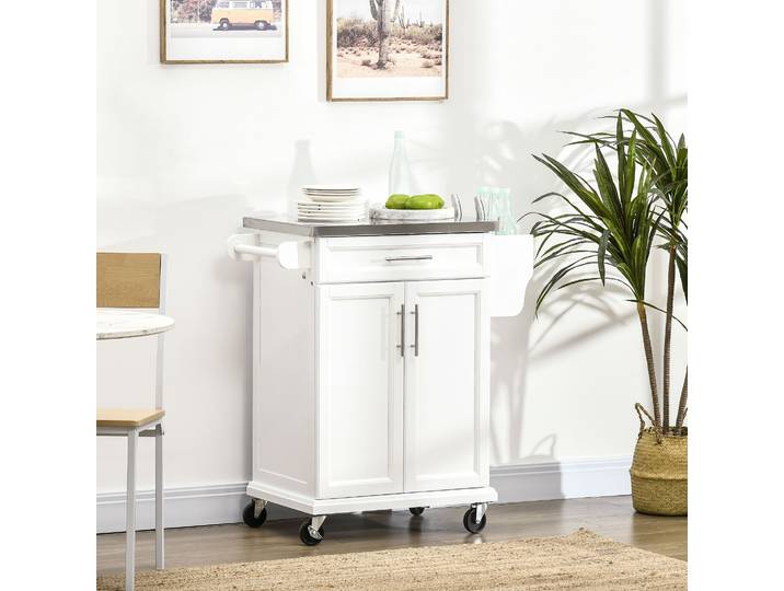 HOMCOM Îlot Cuisine à Roulettes Blanc avec Plateau Acier