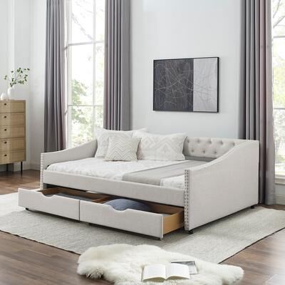 GREATPLANINC Tufted Upholstered Daybed with 2 Storage Drawers聽 Nailhead Trim Waved Arms