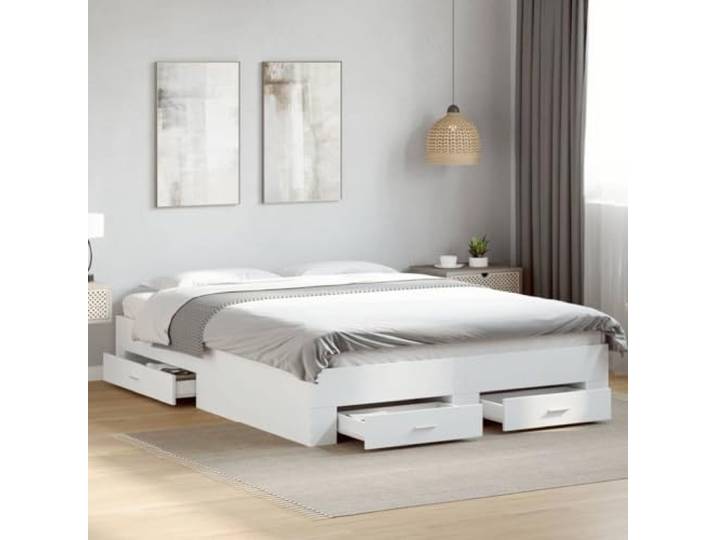 RJPLMFV Bettgestell mit Schubladen, Weiß, 160 x 200 cm Nachhaltiges Ingenieurholz, Lattenrost inklusive, integrierte Aufbewahrung, ohne Matratze