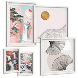 BILDER SET 5er Set - 50x50 cm & 20x30 cm & 40x60 cm Weißer Rahmen - Wasserfälle, Brücken, Bäume, Jahreszeiten