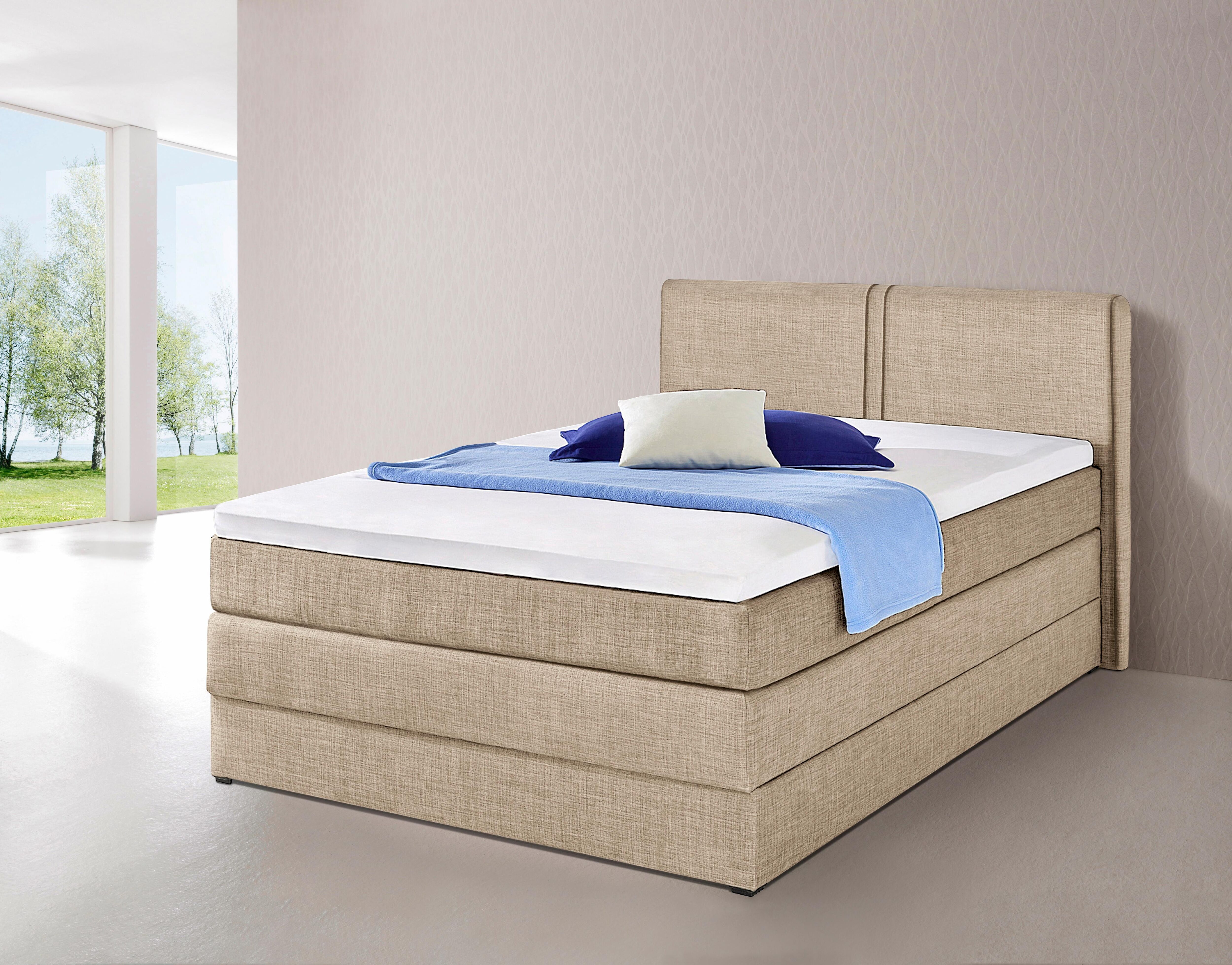 Boxspringbett HAPO, beige (beige, strukturstoff), Liegefläche B/L: 140cm x 200cm, kein Härtegrad, Bonnell-Federkernmatratze, Kopfteil, seitliche Unterbox und Obermatratze sind mit pflegeleichtem Feinstrukturstoff in Leinenoptik (100% Polyester) oder Kunst