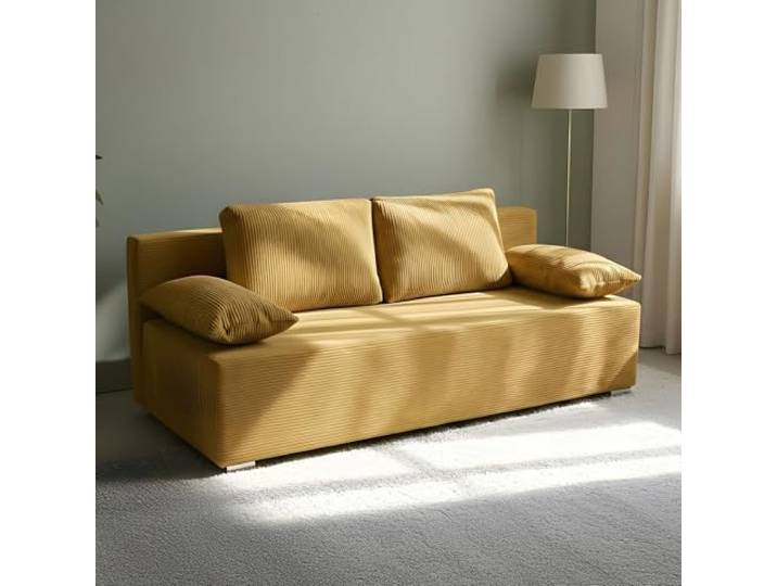 bonni24 Lunera Prima 2 Schlafsofa aus Cord, 3-Sitzer mit Bettkasten und Schlaffunktion, Bonellfederung, Liegefläche 140 × 195 cm, Goldgelb