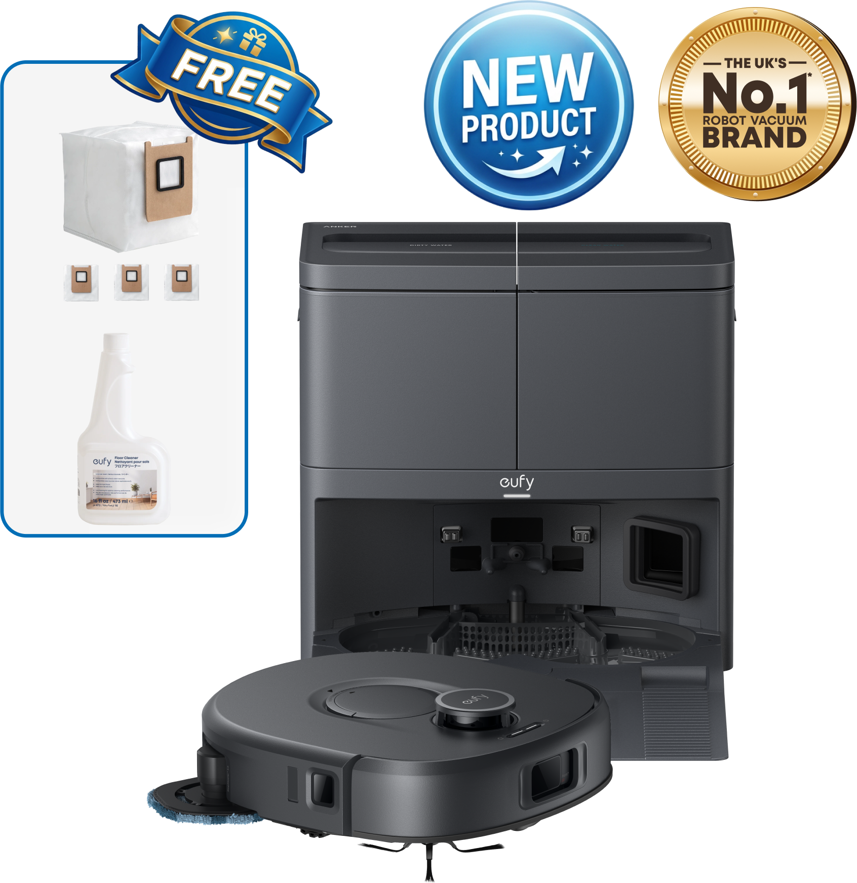 eufy C30 Edge Robot Vacuum and Mop Combo with 3 Dust Bags and 1 Floor Cleaning Solution