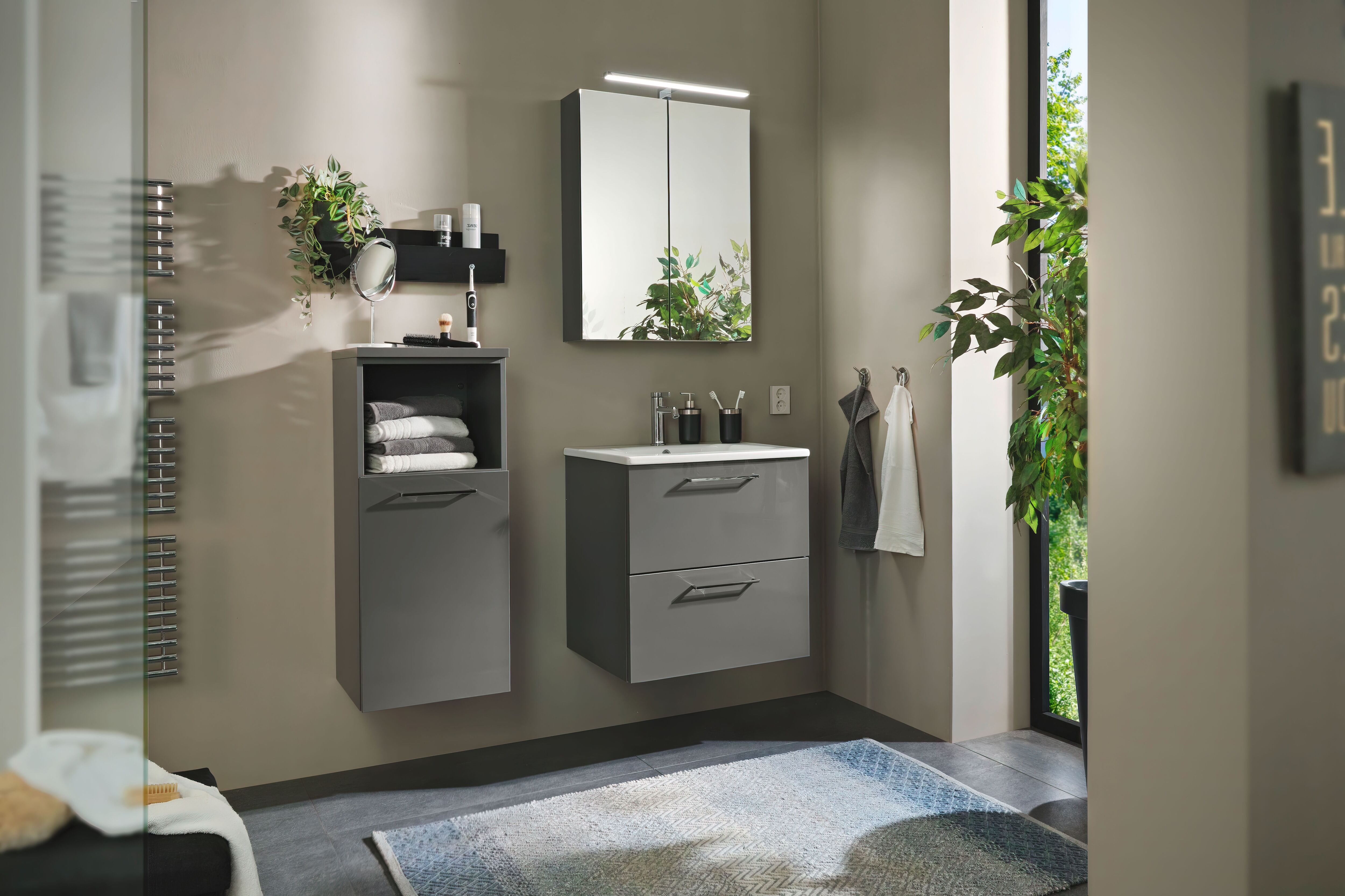 Hochschrank NOLTE SPA "Lux - Badmöbel Hochschrank", grau (quarzgrau), B:40cm H:90cm T:35cm, Holzwerkstoff, Schränke, Hochschrank, Innen/Außenfarbe identisch