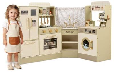 Costway Kids Corner Play Kitchen with Faucet and Dishwasher and Stoves-Green