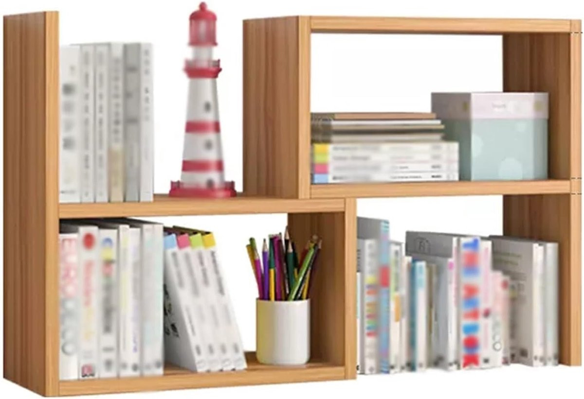 Verstelbare houten boekenplank en bureau organizer in houtkleur