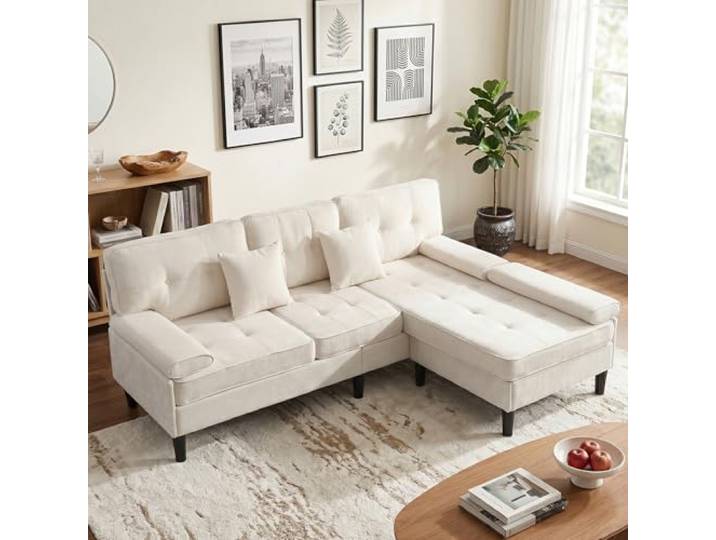 Ecksofa mit Schlaffunktion, 195 cm Modulares L-Form 3-Sitzer Schlafsofa mit beweglicher Ottomane, Chenille Couch mit Hocker & Chaiselongue für Wohnzimmer, Apartment, Kleine Räume, WG-Zimmer, Beige