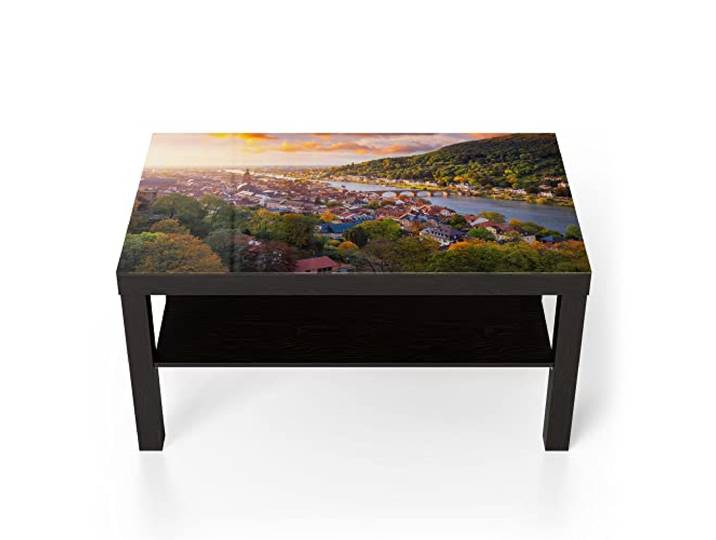 DEQORI Glastisch schwarz groß 90x50 cm Motiv Blick über Heidelberg ausgefallener Beistelltisch aus Glas Hochglanz Couchtisch fürs Wohnzimmer moderner Couch Tisch mit Design