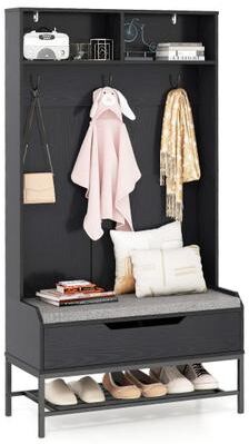 Costway 69 Inches Tall Hall Tree 4-in-1 Coat Rack with Seat Cushion and Shoe Storage-Black