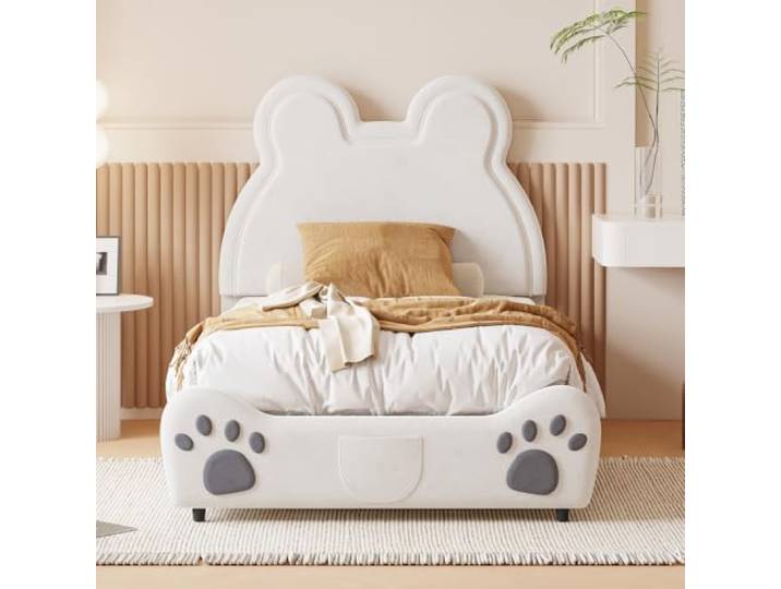 Ropilly Kinderbett Bärenform Samt Polsterbett mit Lattenrost niedliches Tierdesign für Jungen und Mädchen Schlafzimmer