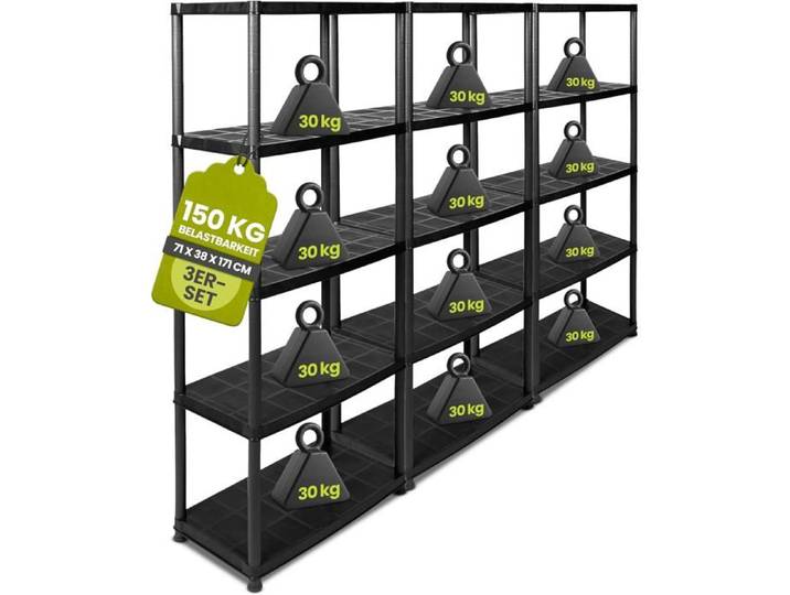Kreher Lot de 3 Étagères à Douille en Plastique Noir Recyclé 5 Niveaux 71 x 38 x 170 cm Capacité 30 kg par étagère