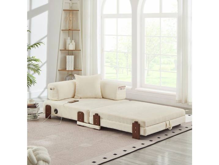 ROVRYN Canape convertible 2 en 1 1 place avec ports USB et Type-C rangement tissu beige