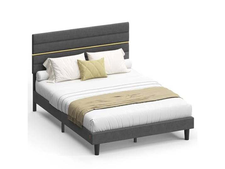 VASAGLE Polsterbett, Bettgestell, 140 x 200 cm Bettgestell, verstellbares gepolstertes Kopfteil, Metall, traditionell, schiefergrau, KACY Kollektion RMB504G01
