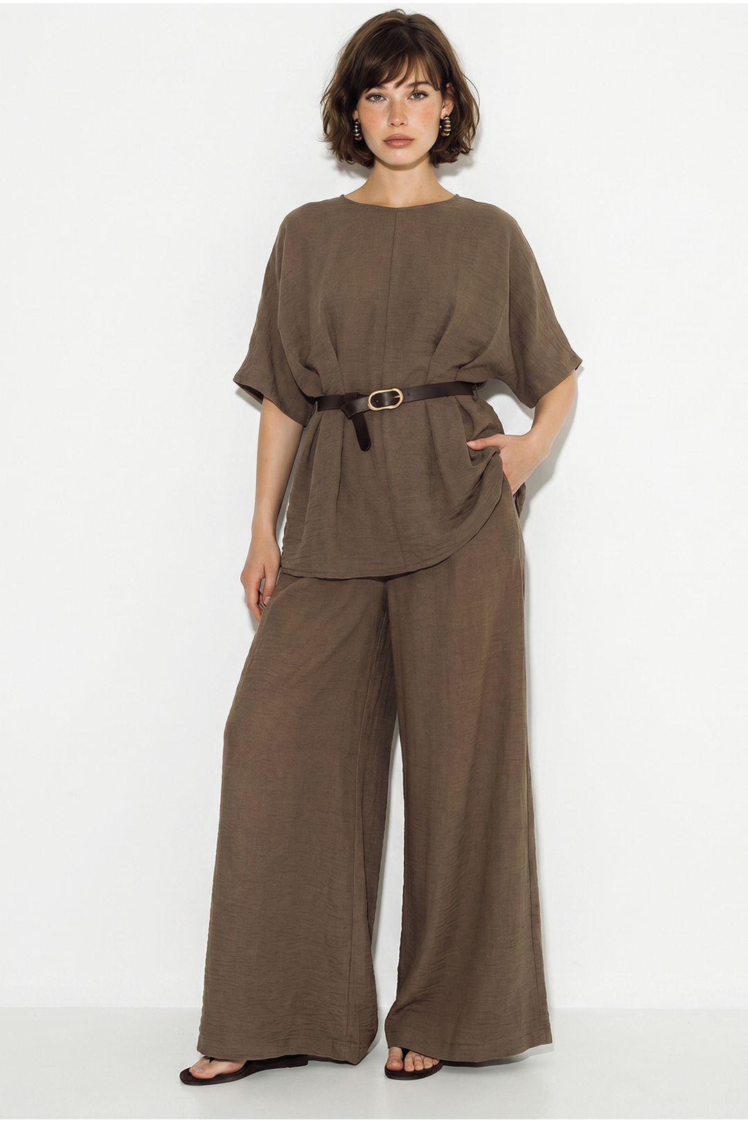 Viskose-Leinen Blusen- und weite Hosen-Set