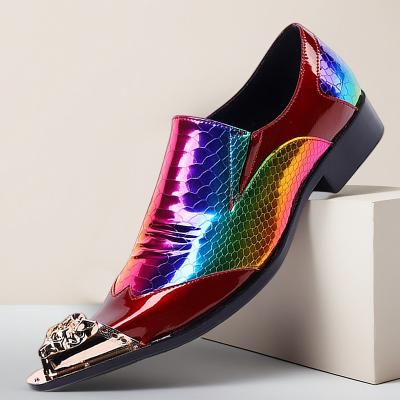 LightInthebox Men's Rainbow Metallic Leather Shoes with Snake Pattern and Pointed Toe – High-End Footwear for Fashion Shows and Exclusive Parties