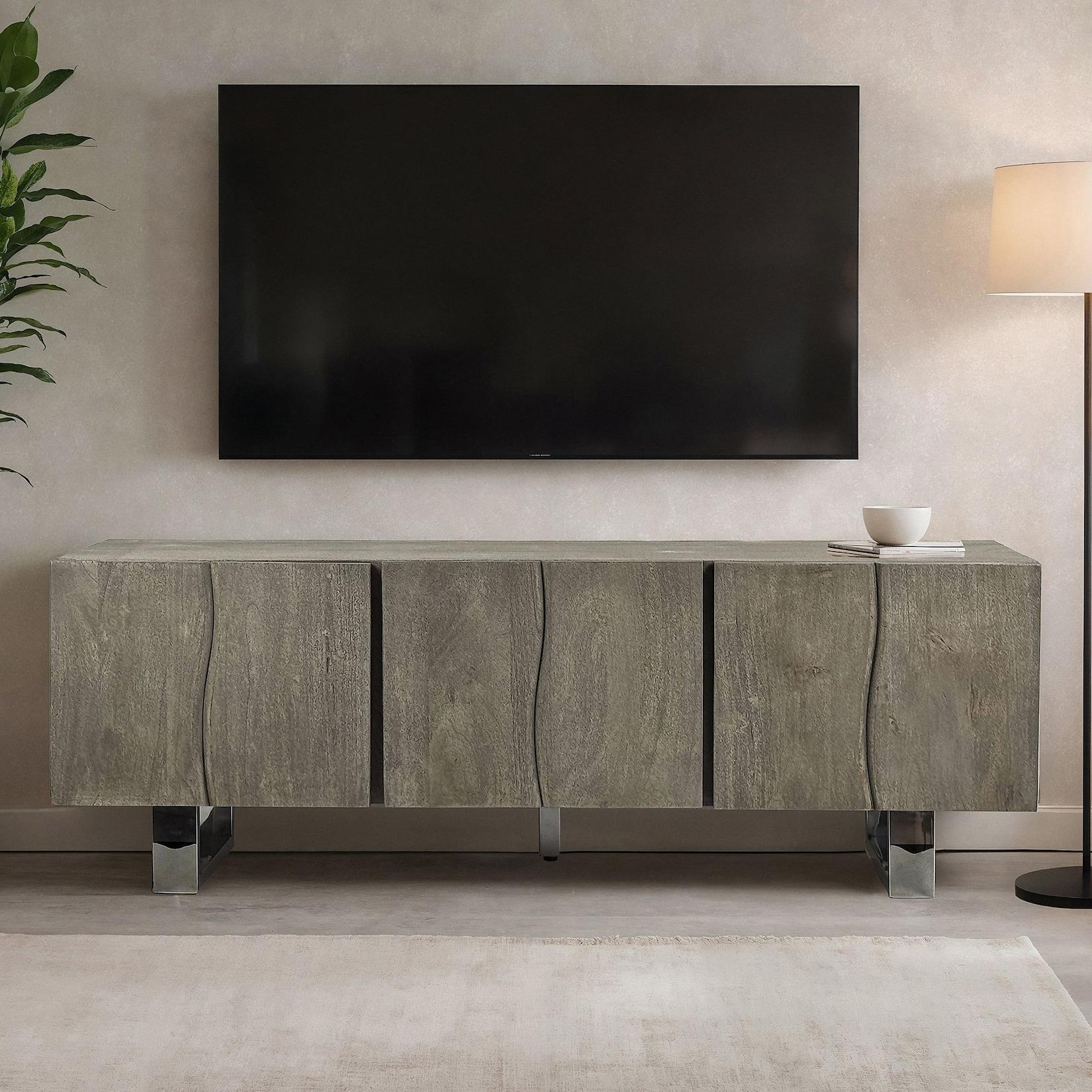 TV Schrank FineBuy Lowboard 160 cm Smoked Grey Holz Massiv Fernsehkommode Grau