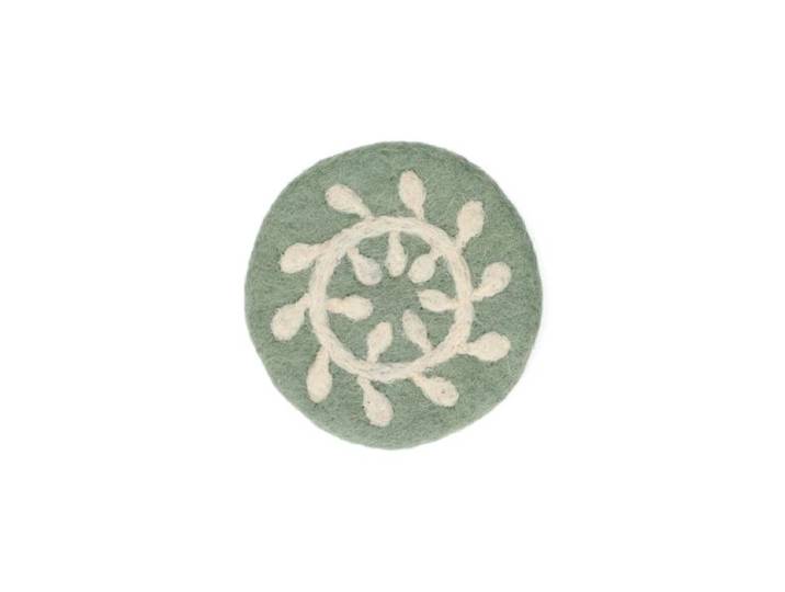 Onderzetter, vilt, groen met witte tak, Ø10 cm