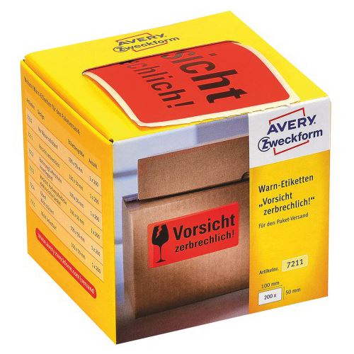 AVERY Zweckform 200 Warnetiketten 7211 rot "Vorsicht zerbrechlich!" 100,0 x 50,0 mm