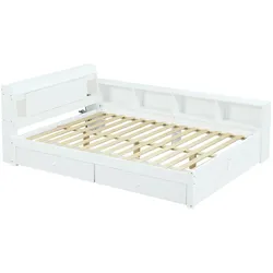 MODFU Doppelbett Massivholz/MDF Weiß 220,5x163x80 cm, 140x200 cm Liegefläche, Kopfteil mit Stauraum & Leuchten
