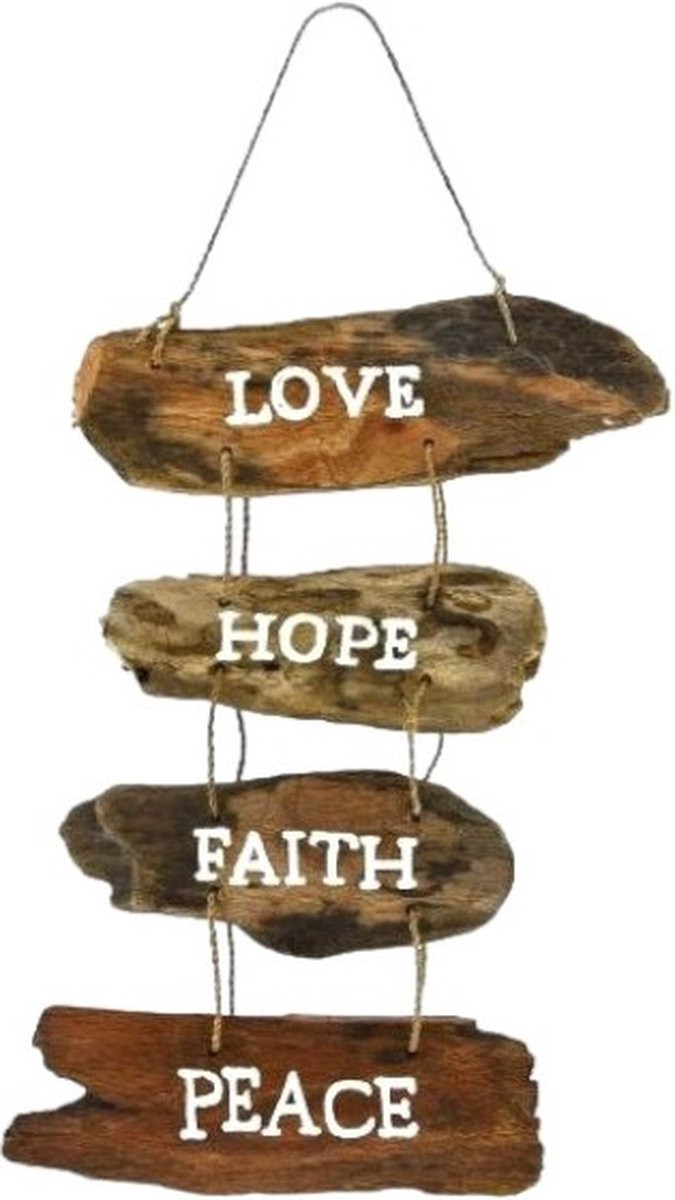 Driftwood hanger met de teksten LOVE-HOPE-FAITH-PEACE
