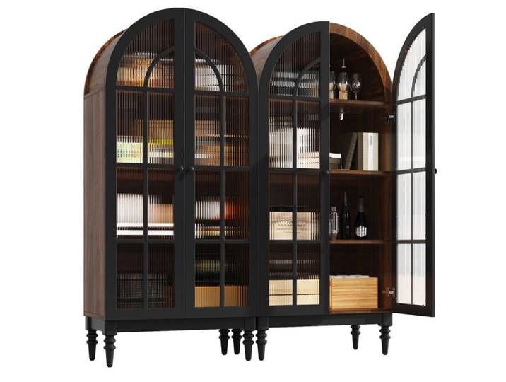 ROVRYN Vitrine haute arquée portes vitrées 152 cm effet bois MDF noir