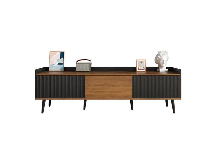 Redom Tv-Schrank 160/39/49,5 cm mit 3 Türen, erhöhter Oberkante und Kippschutz, MDF/Spanplatte, Schwarz/Natur, 160x49.5x39 cm, Wohnzimmer, TV Möbel, Lowboards, Lowboards stehend