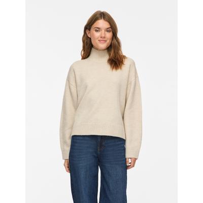 Strickpullover VILA "VISIA L/S HIGH NECK KNIT PULLOVER-NOOS", Damen, Gr. L, birch detail:melange, Strick, Obermaterial: 97% Polyester, 3% Elasthan, meliert, oversize normal, Pullover Strickpullover, Materialmix, oversize
