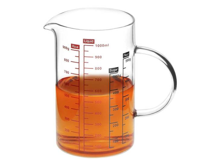 Messbecher 1 Liter Borosilikatglas Mehrfachskalierung Mikrowellengeeignet, Transparent, Glas, Backen & Backzubehör, Messbecher