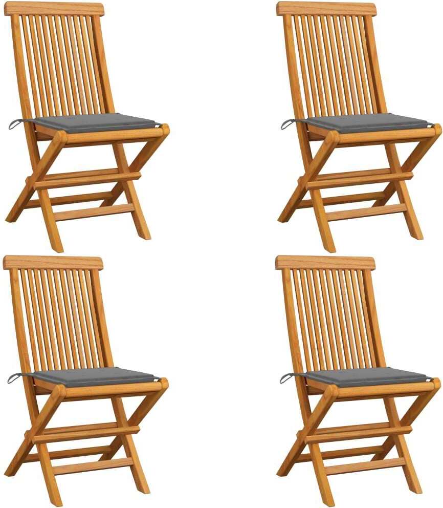 Gartenstühle mit Grauen Kissen 4 Stk. Teak Massivholz