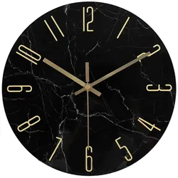 IvoQ Wanduhr Marmoroptik Schwarz - Glas - Ø 30 cm - Lautloses Uhrwerk - Modern & Gold