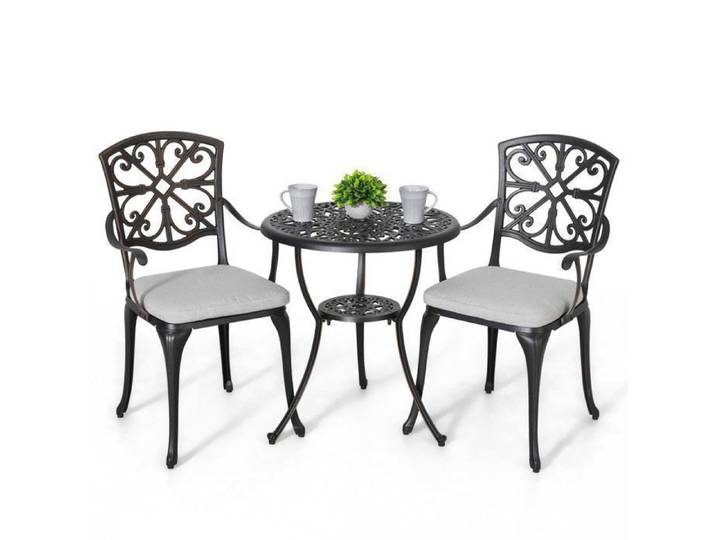 Ensemble bistro ext. 3p alu moulé avec coussins et trou parasol