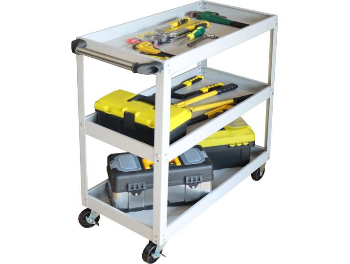 Relaxdays Werkstattwagen, Werkzeugwagen mit 3 Ebenen, mobiler Montagewagen, bis 100 kg, HxBxT: 76 x 35 x 78 cm, grau