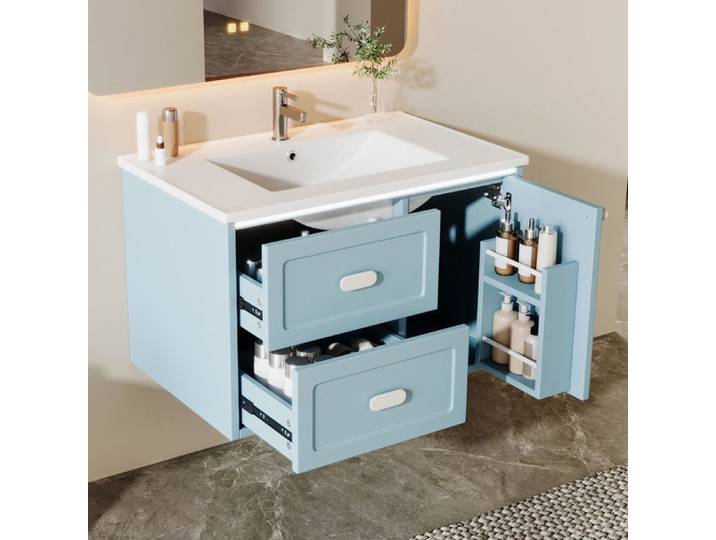 Luscriate - Meuble Salle de Bain Bleu avec Lavabo Céramique LED Capteur Radar 2 Tiroirs et Placard MDF Moderne Résistant Humidité